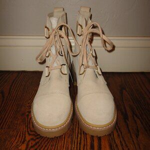 SOREL Women's Suede Cream "Joan" Fur Lace Up Winter Hiking Boots Size 8.5